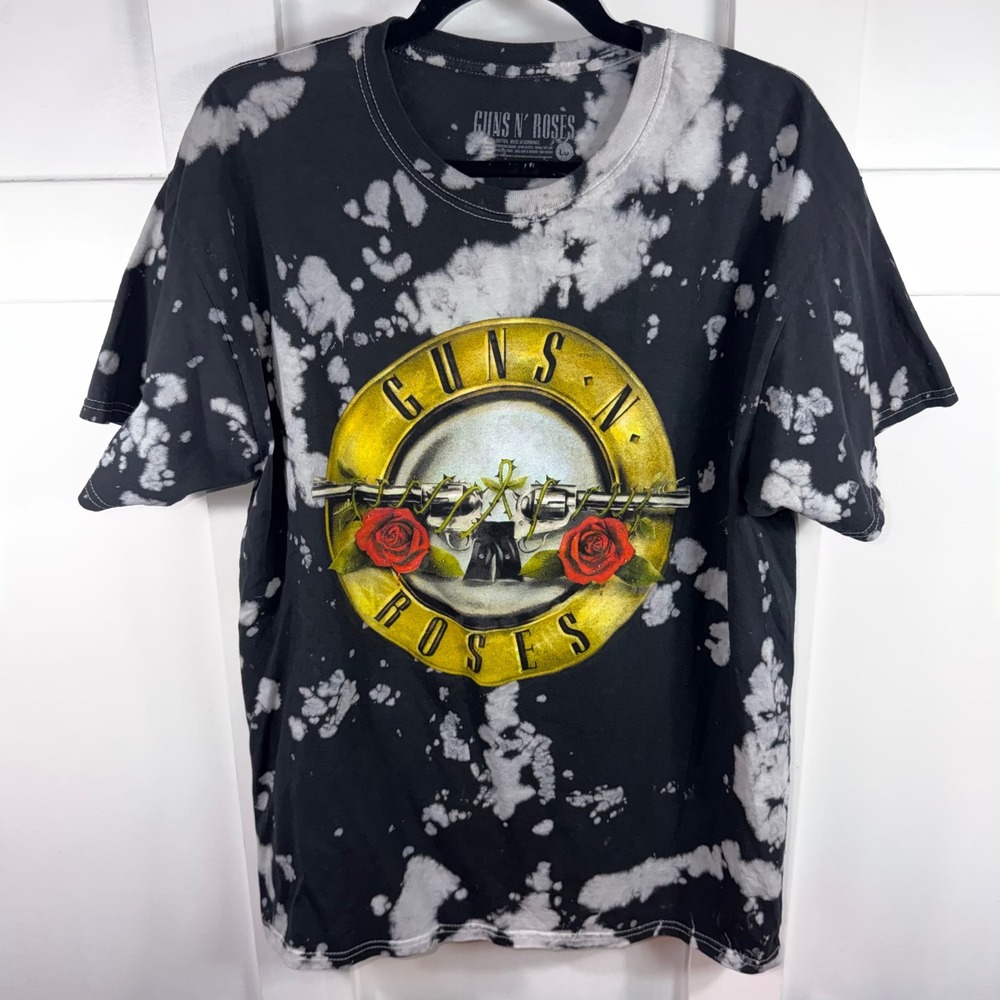 Guns N Roses Bleach Tie Dye Graphic T-Shirt Black White LG Bullet Logo Rock Band